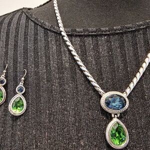 Brighton Silver Necklace Blue and Green Accents With Matching Earrings